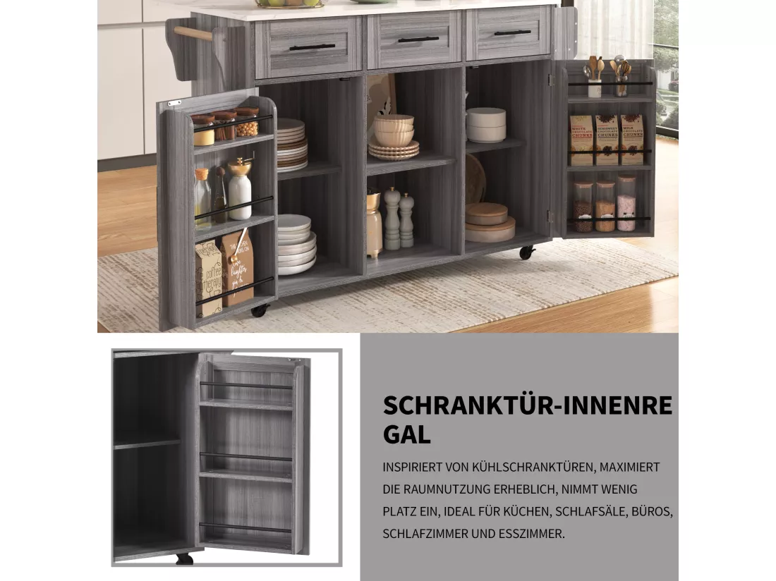 Ilot central de cuisine mobile avec 2 portes et 3 tiroirs - plateau extensible - 129x46/71x91,5 cm - Bois MDF + métal - Gris+ blanc