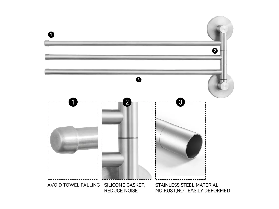 Auralum max Porte-serviettes pivotant à 3 bras,acier inoxydable pour salle bain,porte-serviettes mural peu encombrant,rotation à 180°(Brossé)