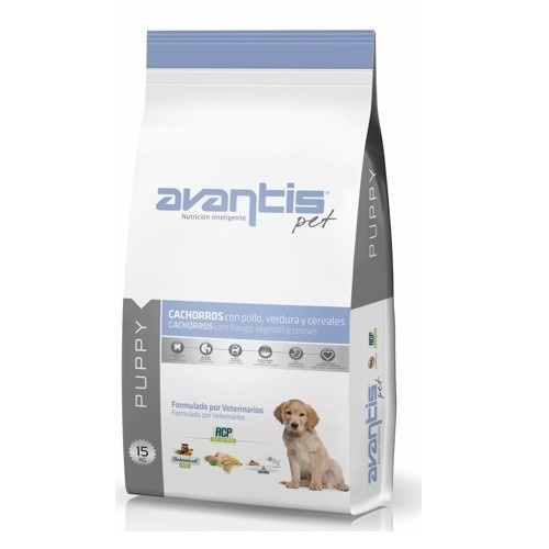 Ração AVANTIS para filhotes, sabor frango e arroz.