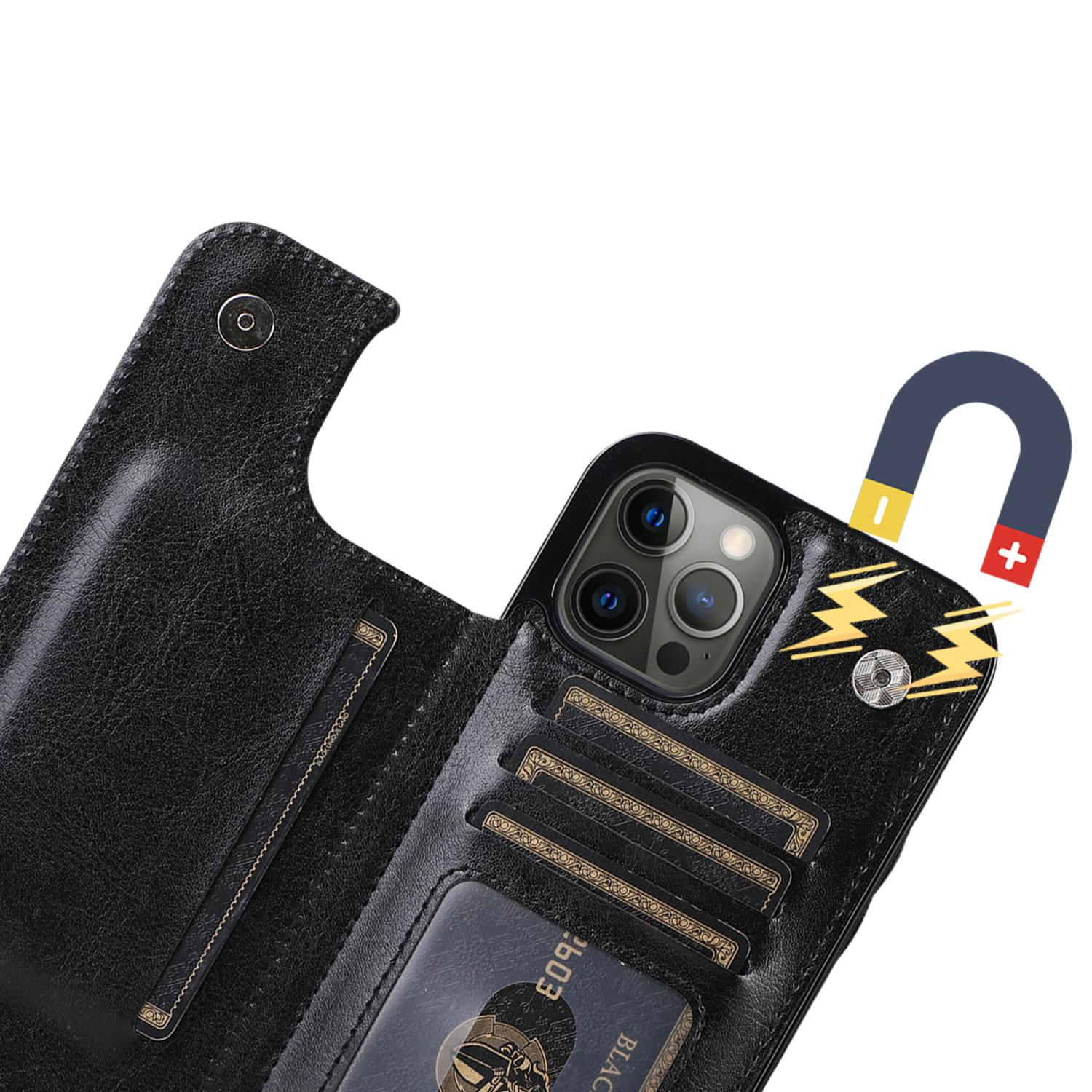 iPhone 14 Pro Max Hybrid Leder Hülle mit Kartenfach   Kickstand Aufsteller - Schwarz