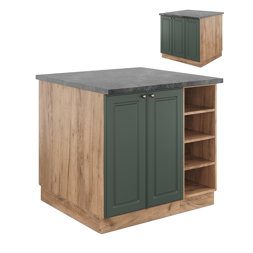 Vicco Kücheninsel Küchenblock Einbauküche Fame-Line Landhaus Eiche Grün 90 cm Gold Küchen Schränke Regalunterschrank Küchenunterschrank Regalinselunterschrank Softclose-Scharnier Küchenmöbel