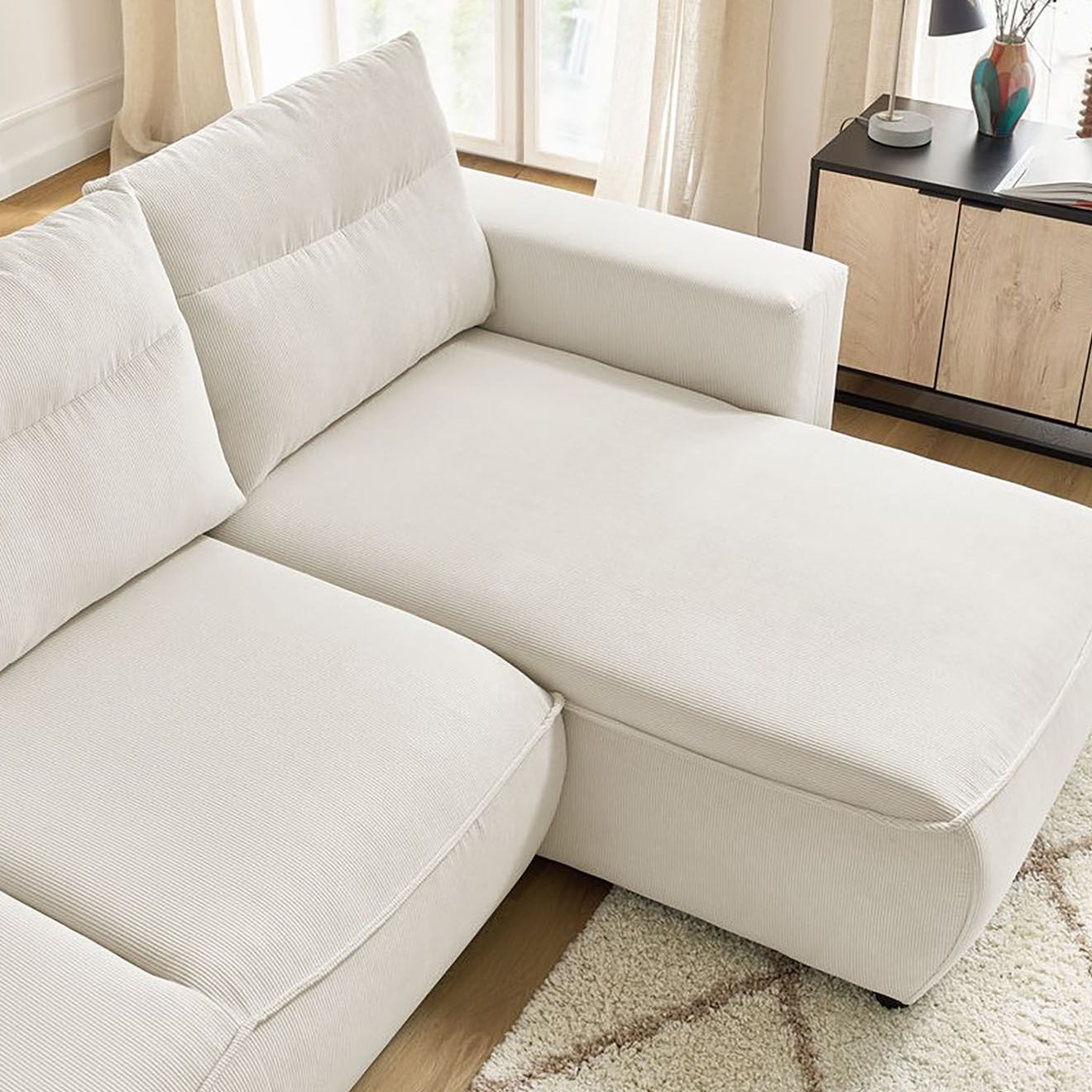 Bobochic Canapé d'angle droit convertible coffre jasmin velours côtelé beige - 256x158x90 cm