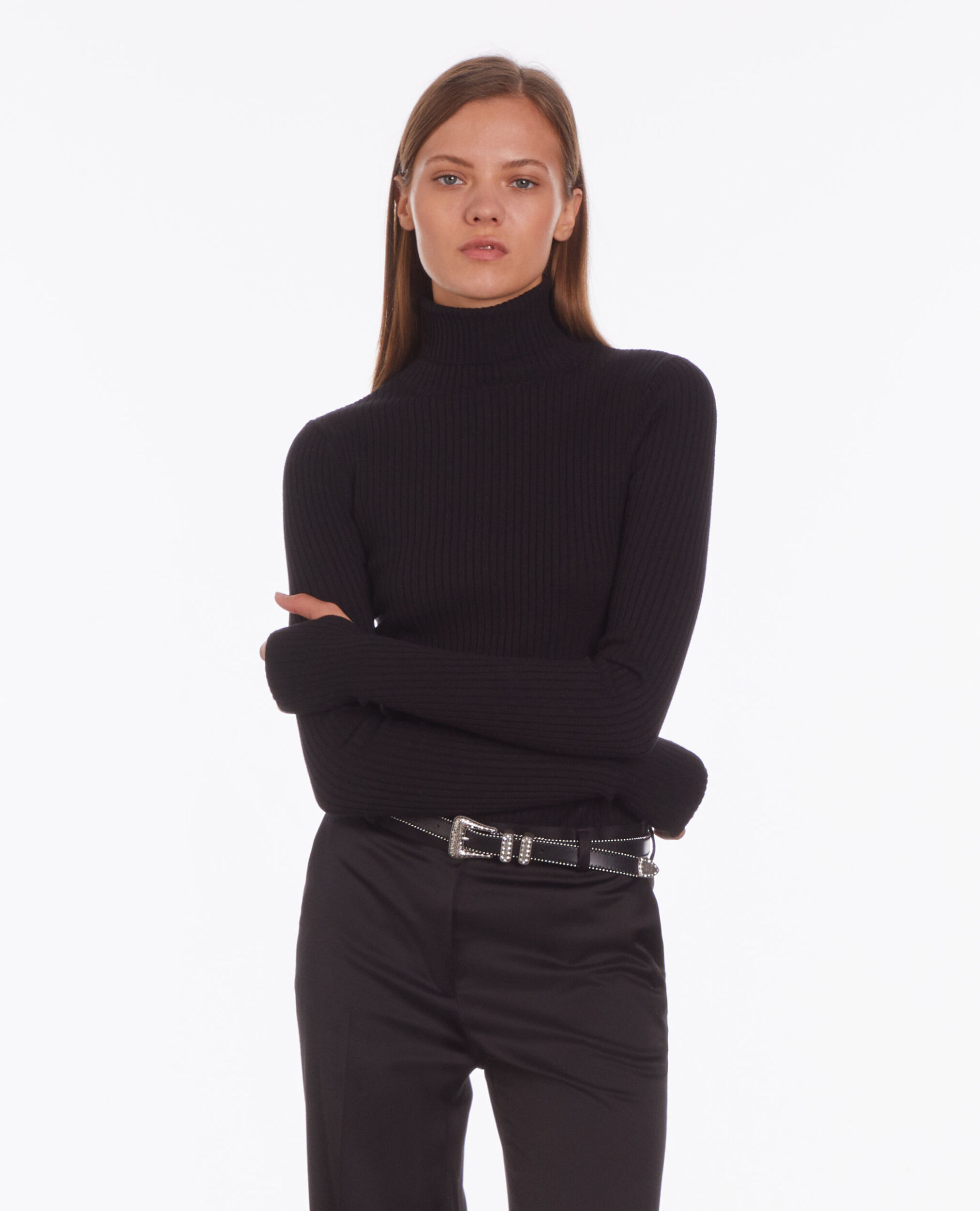 Ceinture en cuir noir bordée de billes avec boucle Western à strass