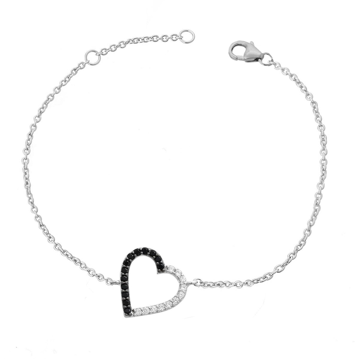 Bracelet coeur serti d'oxyde de zirconium blancs et noirs Argent 925 Rhodié