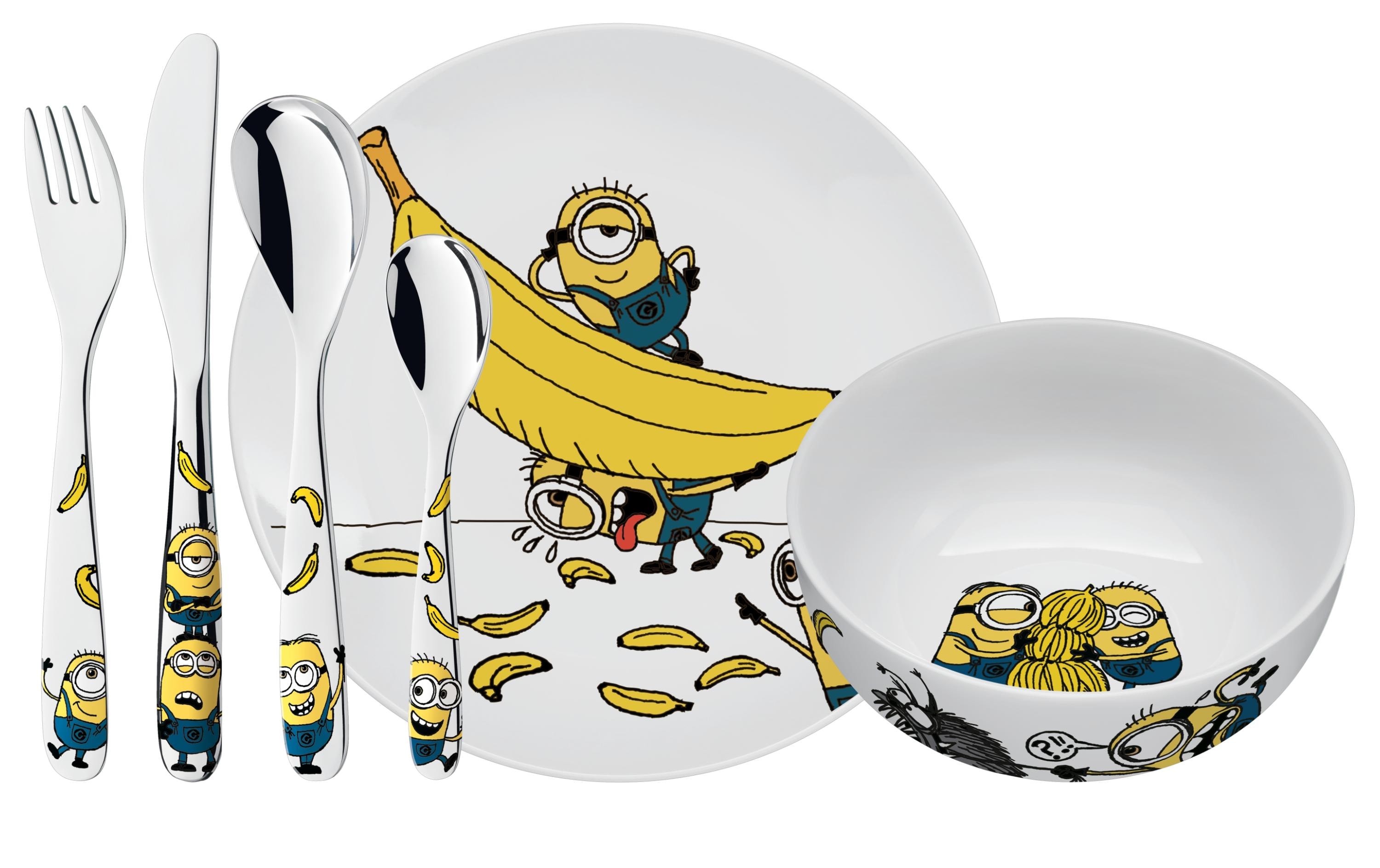 Kindergeschirrset Minions 6-teiligKinderbesteckset mit Teller, Schale, Messer, Gabel, Ess- und Teelöffel