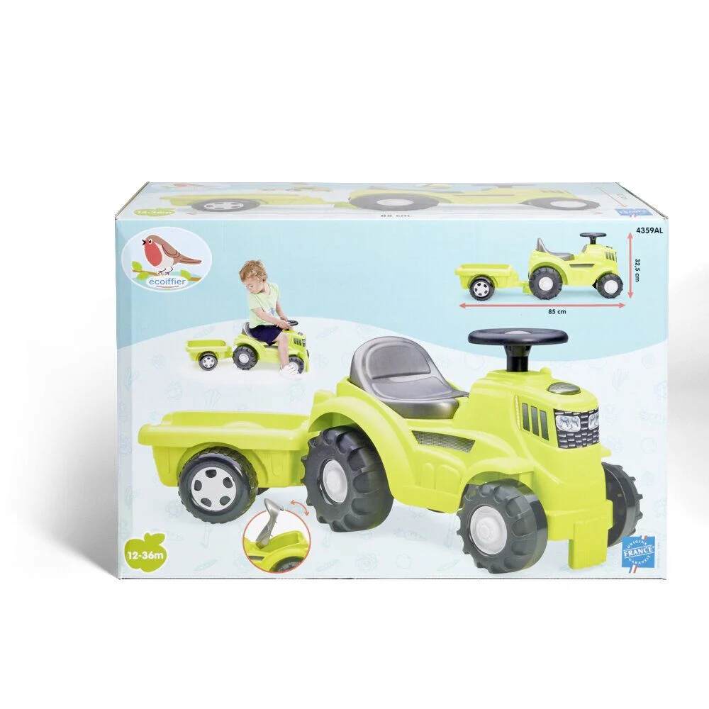 Porteur tracteur enfant avec remorque plastique vert 85x32,5cm