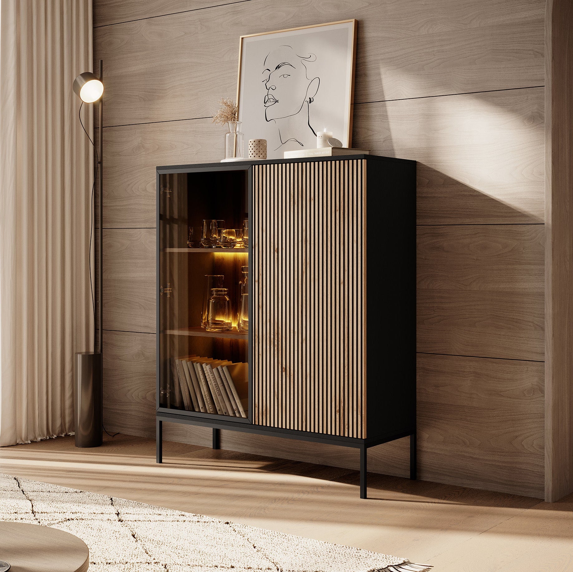 Legend - Vitrinekast - Zwart/eiken - 104x39x126 cm