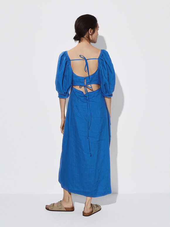 Vestido de linho com mangas bufantes - Azul