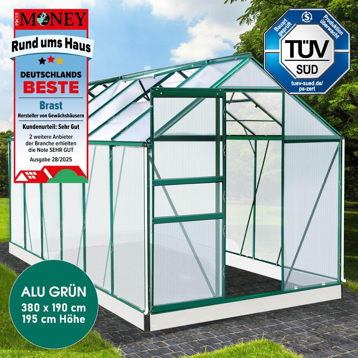 BRAST Gewächshaus Aluminium mit Fundament | 42 Modelle | 130x190x195cm - 490x250x235cm | TÜV geprüft | 6mm Hohlkammerplatten | rostfrei wetterfest temperaturbeständig | 380x190x195cm Grün