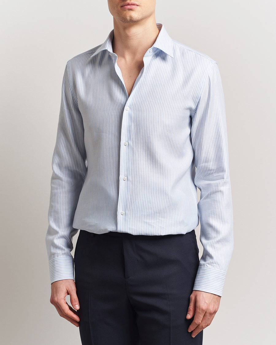 BOSS BLACK Hank Linen/Lyocell Striped Shirt Blue/White
