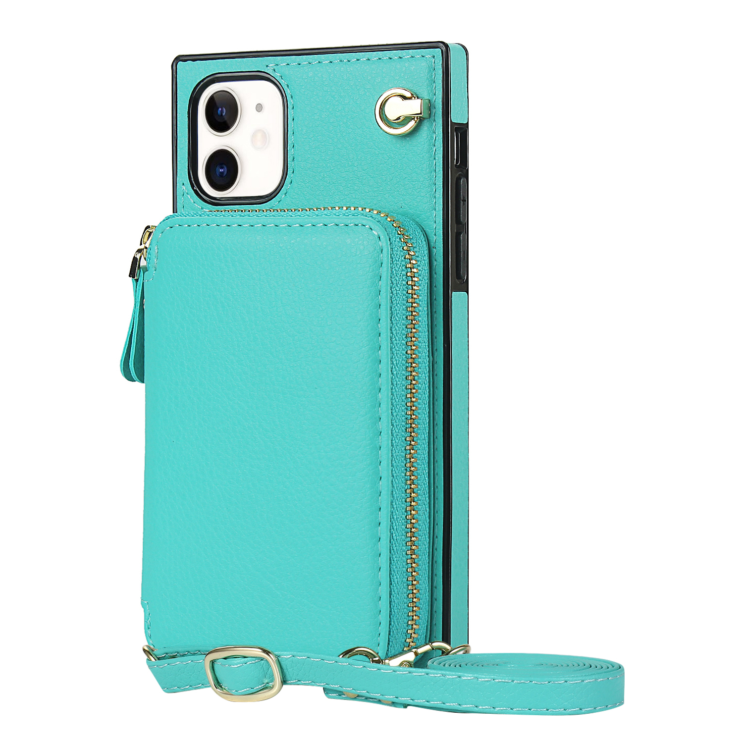iPhone 11 Necklace Leder Schutz Hülle mit Kartenfächer   Handykette (140cm) - Türkis
