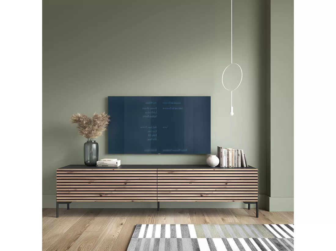 Meuble TV 140 cm - noir/lattes de chêne - LAMMELO