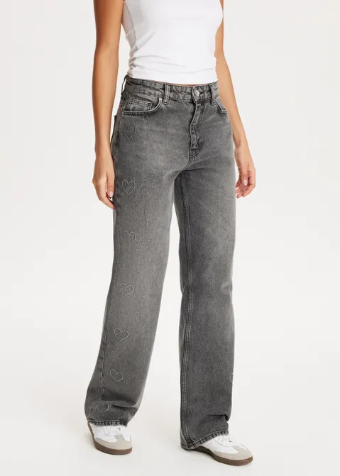 Straight leg jeans met hartjes grijs (GRS)