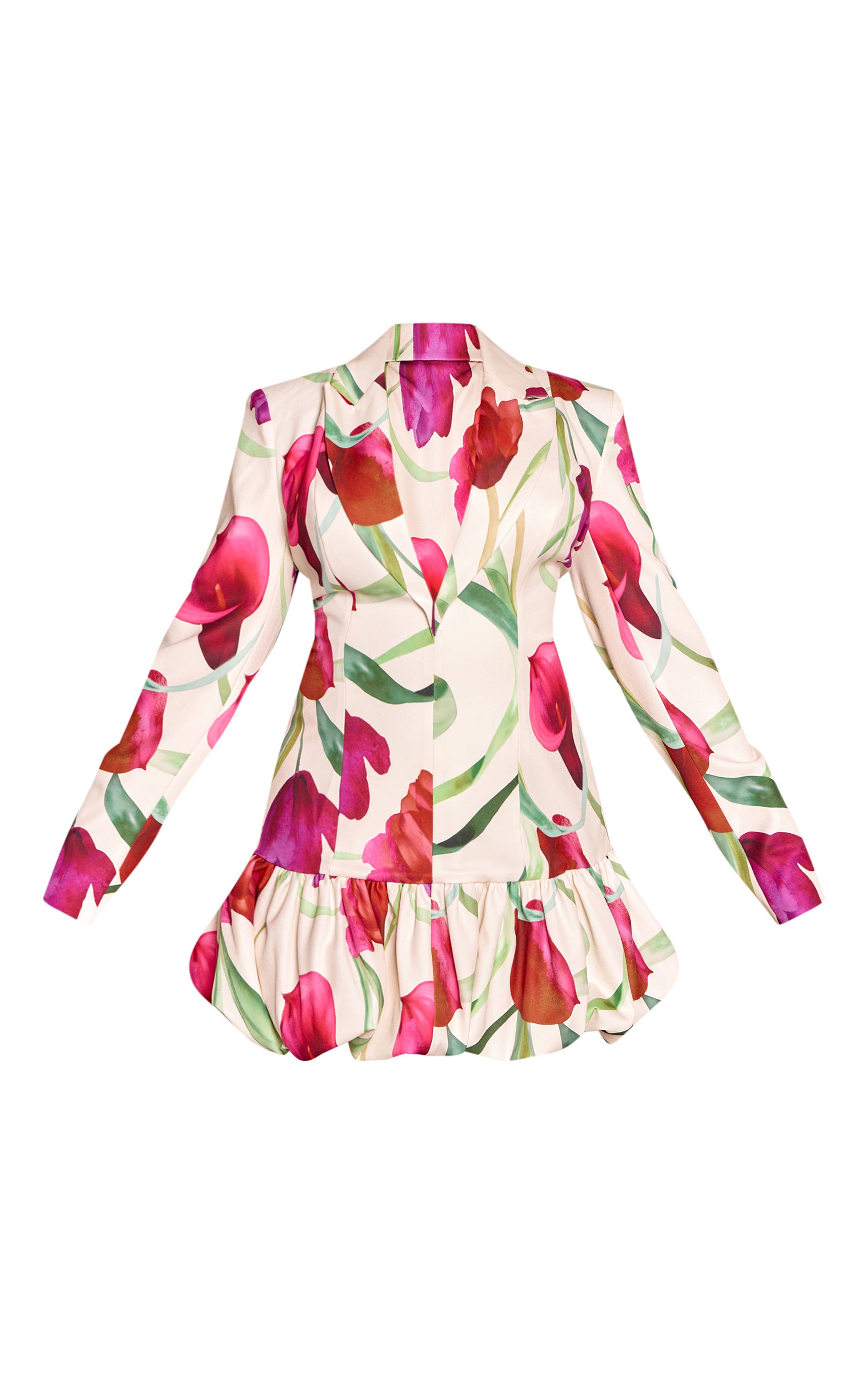 Blanc Robe Blazer Grande Taille À Imprimé Floral Décolleté Plongeant Et Ourlet Bouffant