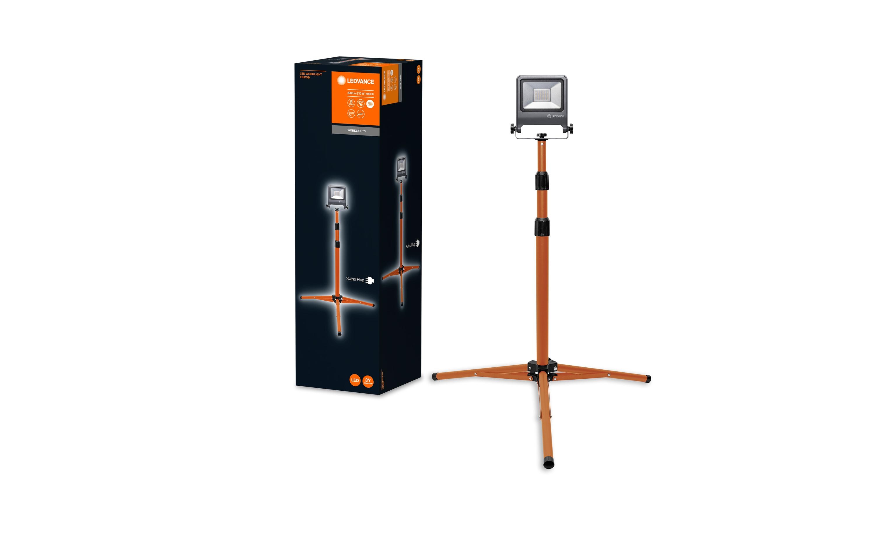 Scheinwerfer Worklight Tripod CH Plug, 30 W, 4000K, 2700lmVielseitiges LED-Arbeitslicht mit Stativ und Stecker-Typ J (SEV 1011)