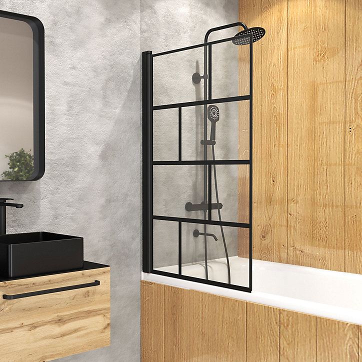 Pare-baignoire rabattable 125 x 75 cm, profilés alu noir mat, Galedo Bricks