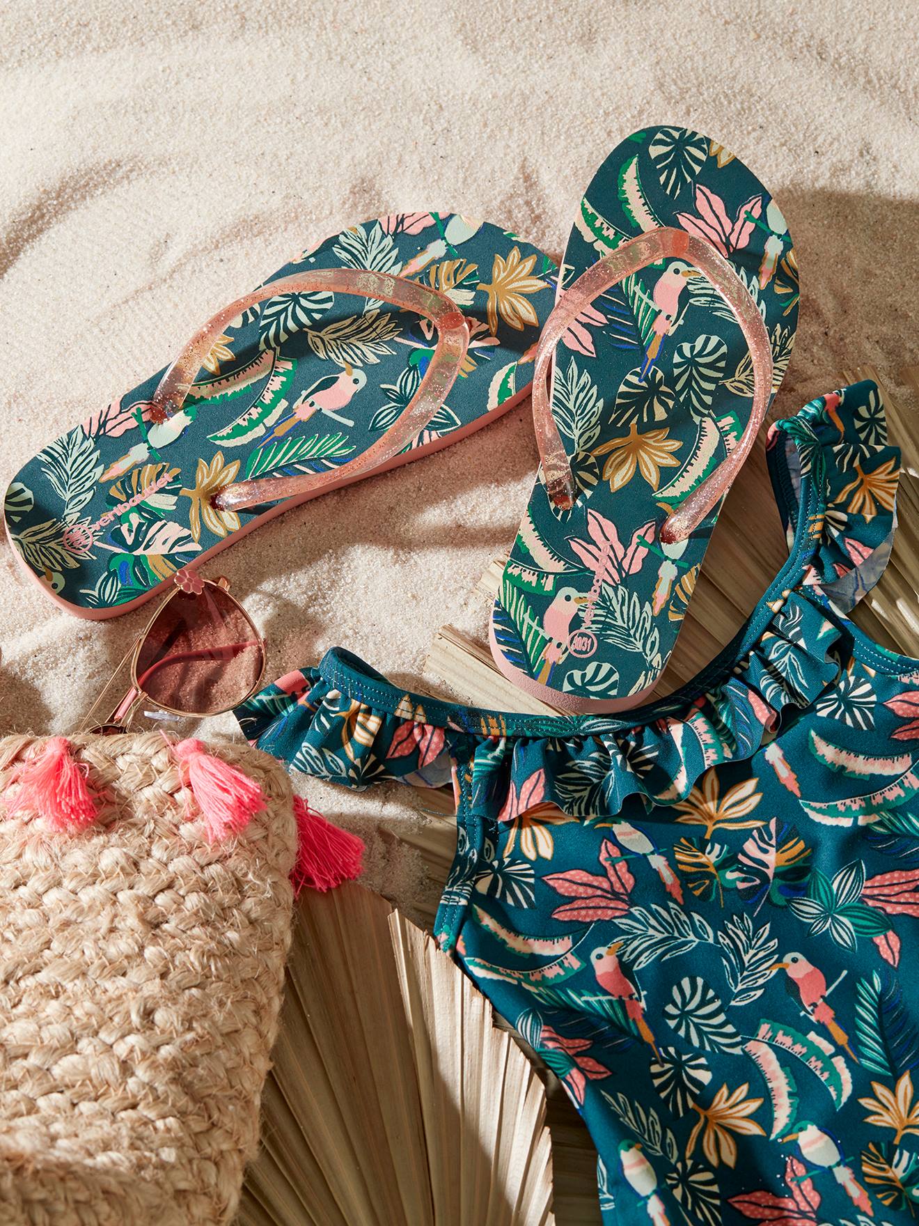 Chinelo estampado para meninas, estampa verde escura