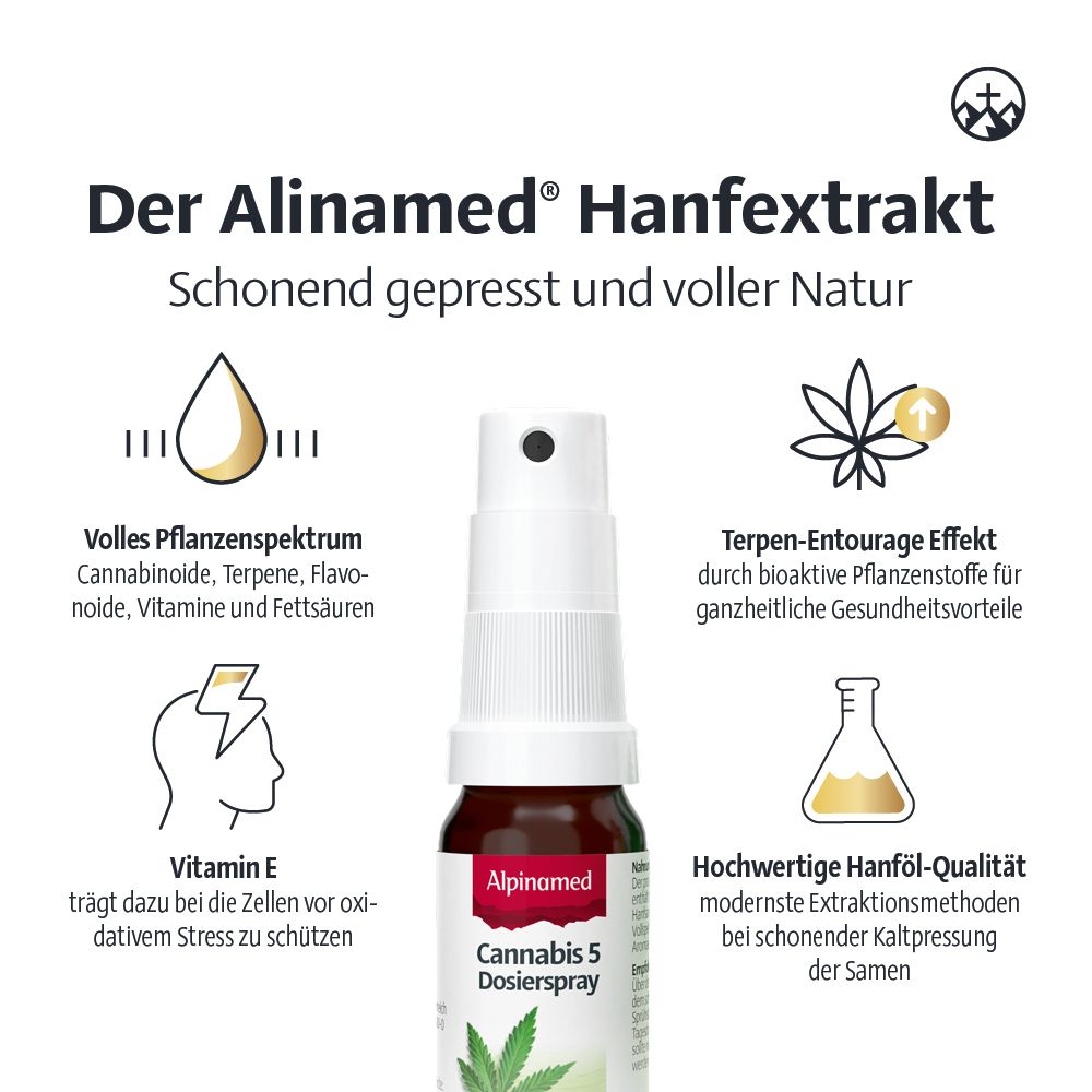 Alpinamed® Cannabis 5 Dosierspray mit Vollspektrum Cannabis-Aromaextrakt, Hanfsamenöl und Vitamin E
