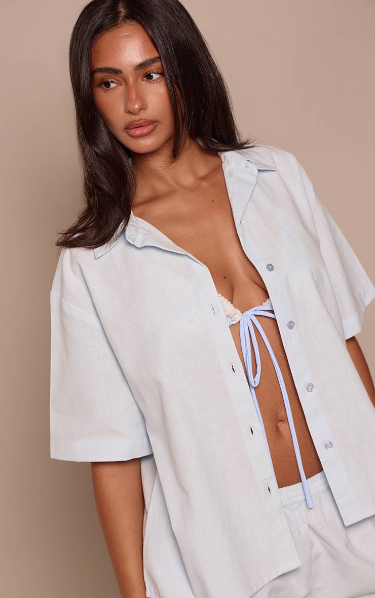 Bleu Layette Chemise Petite À Manches Courtes Aspect Lin Avec Boutonnage Co-ord