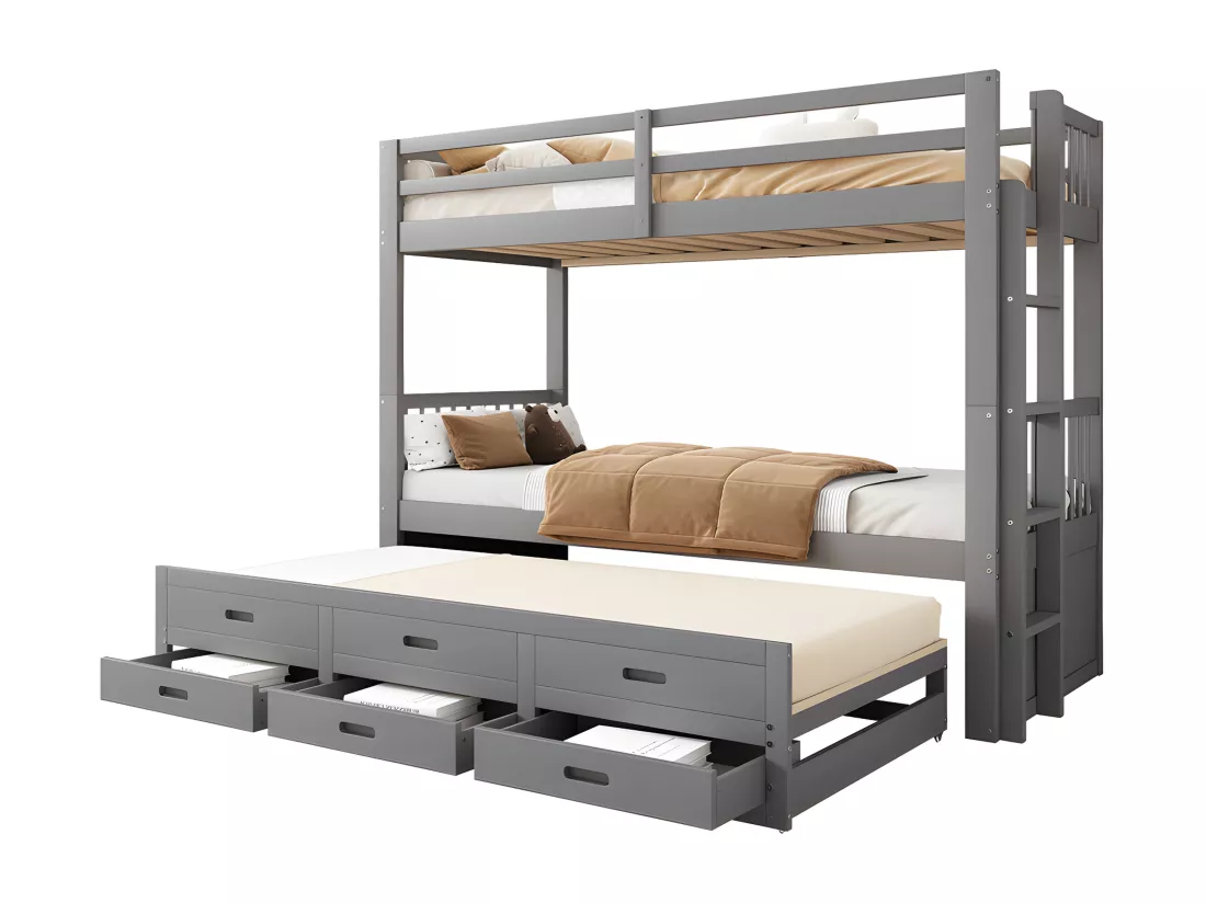 Lit superposé 90x200cm - avec lit gigogne et 3 tiroirs - en bois de pin massif et MDF - Gris