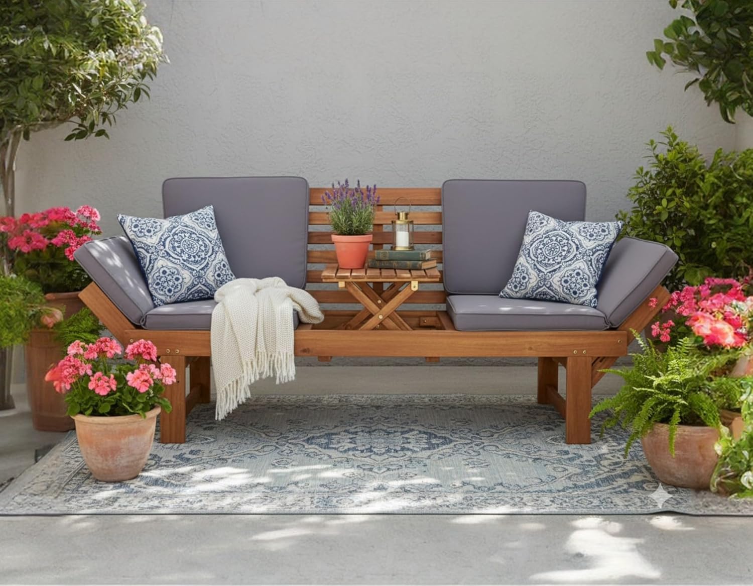Gartenbank Monte Akazienholz - Stilvolle & Wetterfeste Sitzbank Outdoor mit Tisch - Komfortable Holzbank für Garten oder Terrasse - Gartenbank Holz mit Auflage - Gartenmöbel - Garden Bench