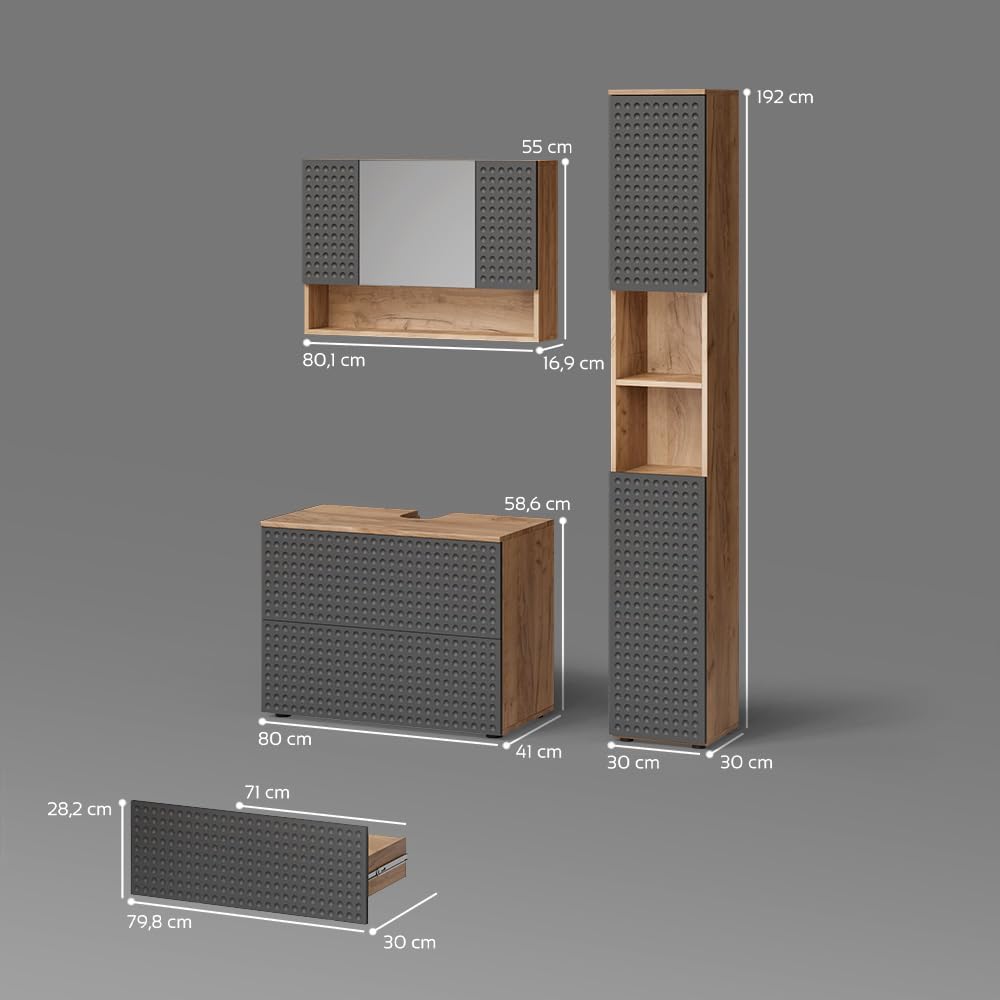 Livinity Badmöbel-Set Ronco, Anthrazit gepunktet, 3 Teile, mit Spiegelschrank 80 cm