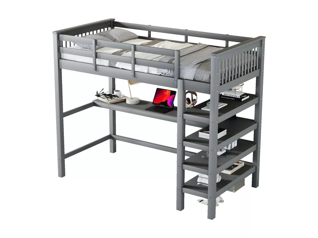 Lit mezzanine 90x200cm en bois - avec bureau et étagère de rangement - Gris