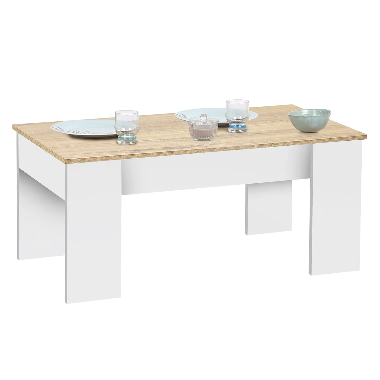 Table basse plateau relevable rectangulaire TARA bois blanc et imitation hêtre