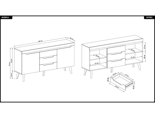 OTITEC - Commode - l.160 x h.83 x p.40 cm - nordia - blanc