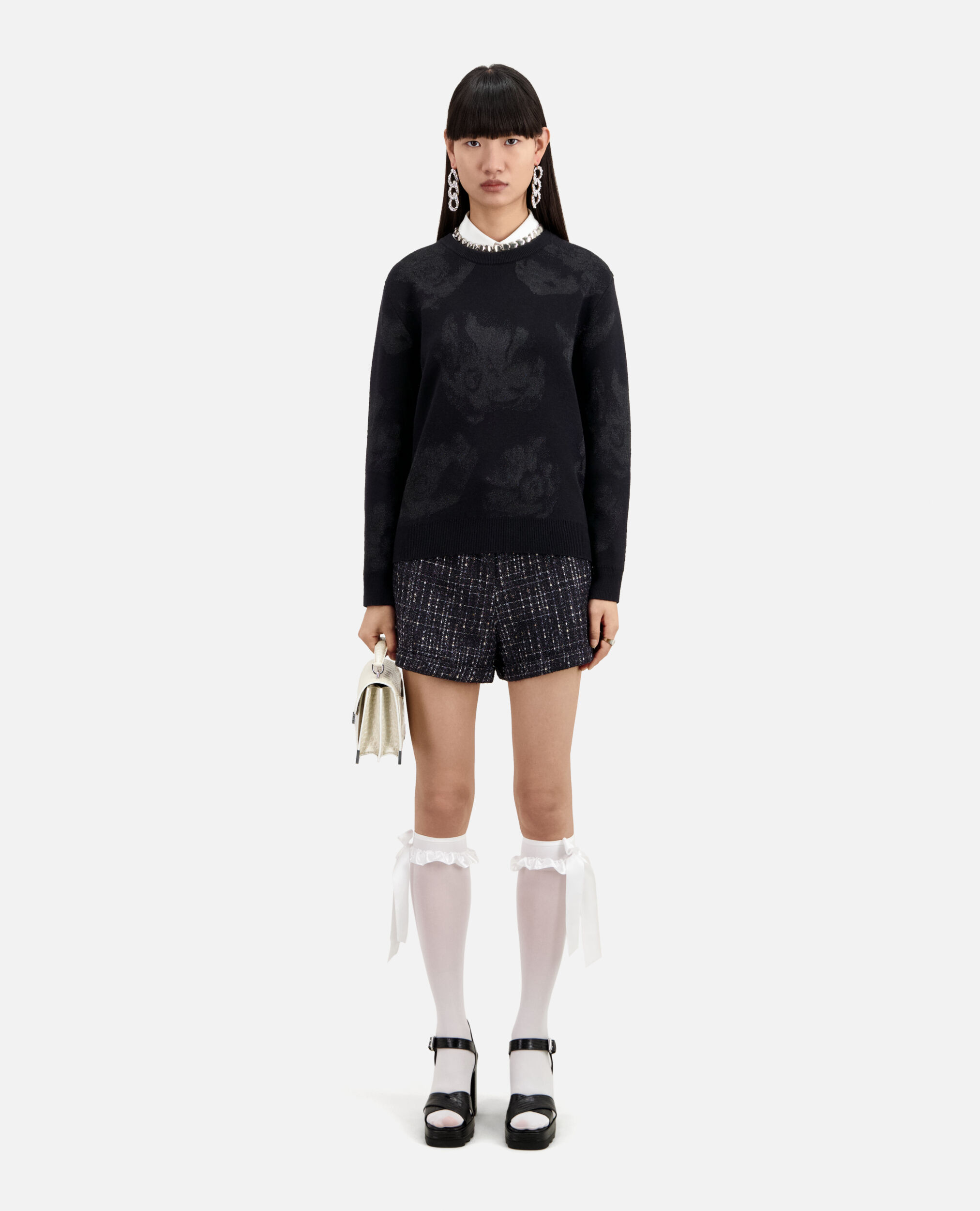 Black wool-blend jumper with silver patterns