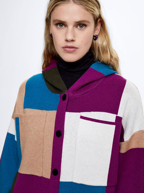 Cardigã de tricô com blocos de cores - Multicolorido