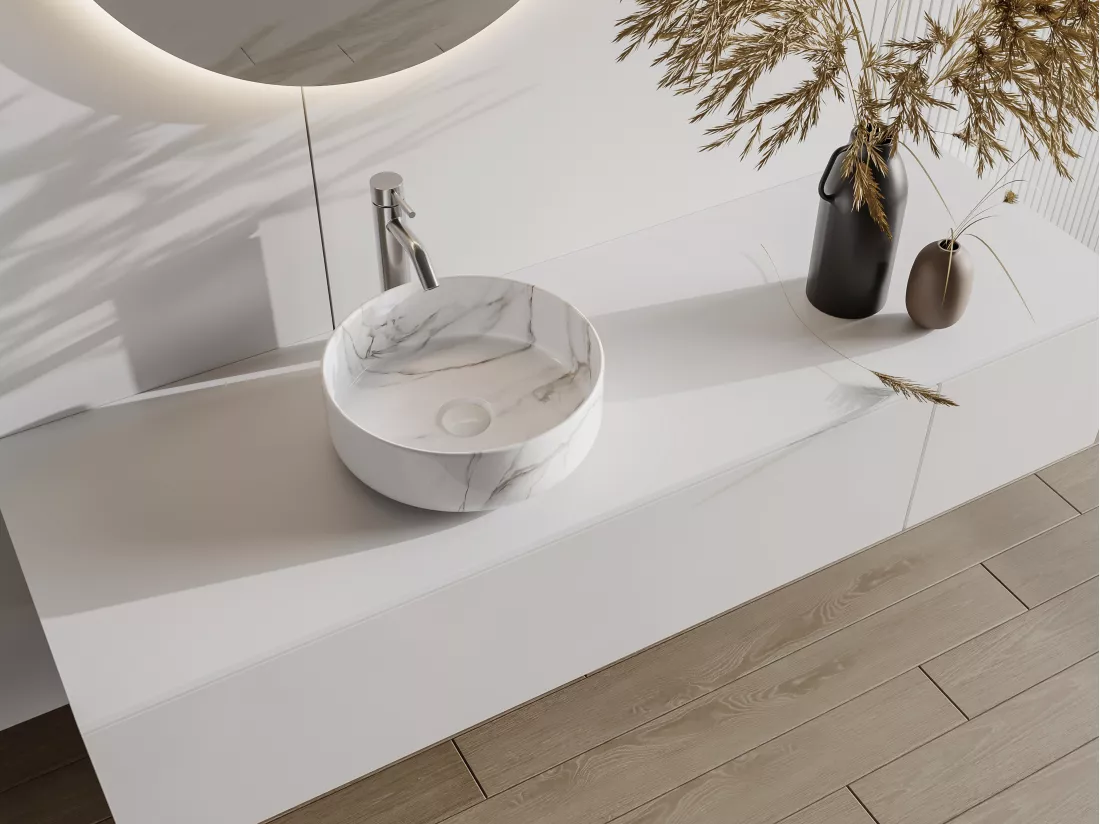 Vasque à poser ronde blanche effet marbre en céramique - 36 cm - VIAMARBA