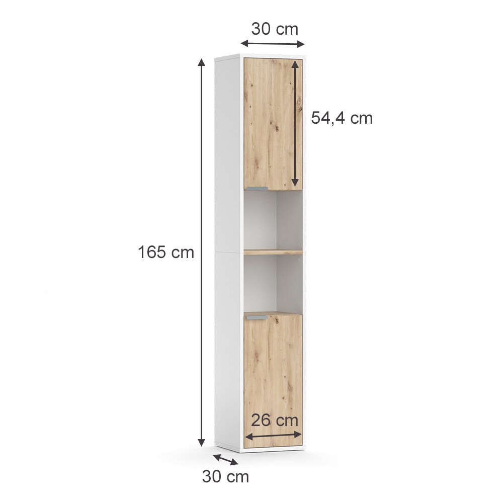 Vicco Hochschrank Henri 30 x 165 cm, Weiß, 2 Türen, Ablage, Badschrank, modern
