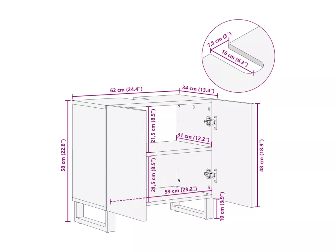 Armoire lavabo de salle de bain 62x34x58cm bois massif d'acacia