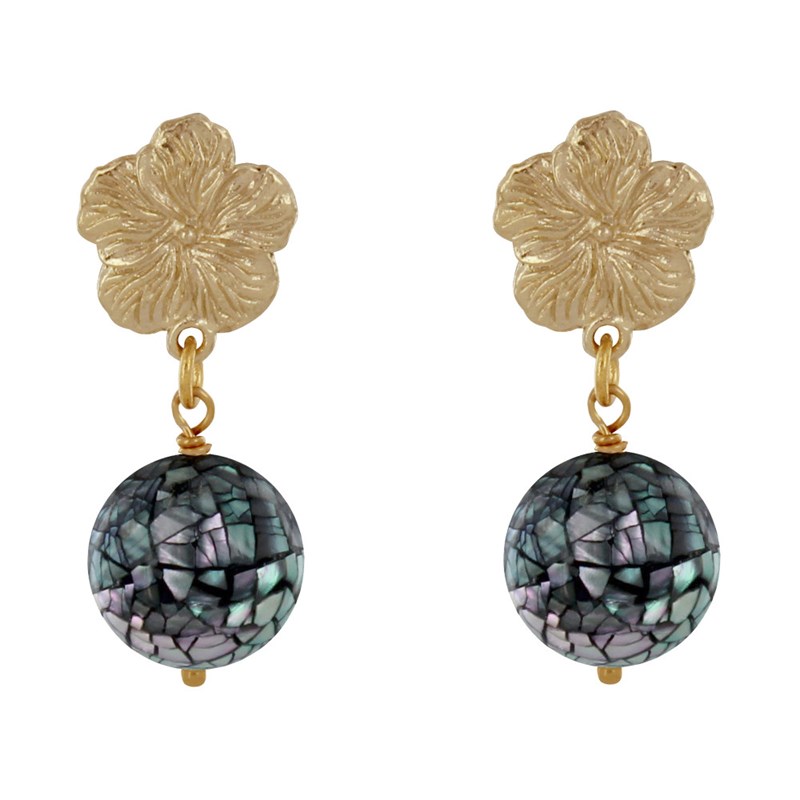 Boucles d'Oreilles Clous Métal Doré Fleur et Perle de Nacre Facettée