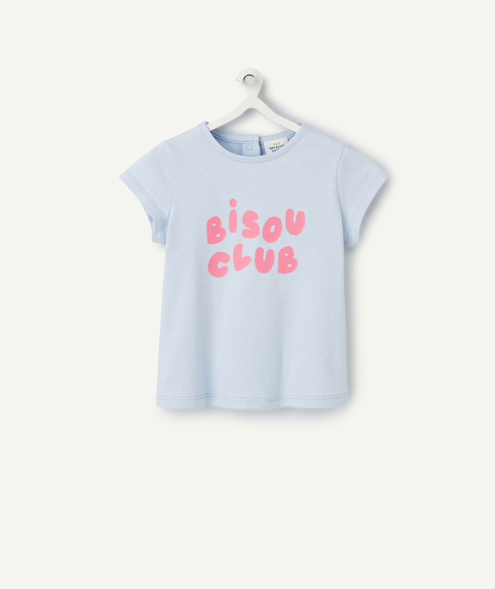t-shirt manches courtes bébé fille en coton bio bleu ciel bisou club