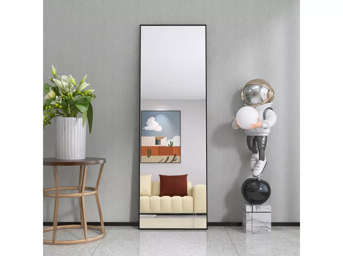 Miroir pleine longueur 162 x 53 cm, sur pied, suspendu ou appuyé, grand miroir de sol avec cadre en alliage d'aluminium noir pour salon ou chambre à coucher, rectangulaire