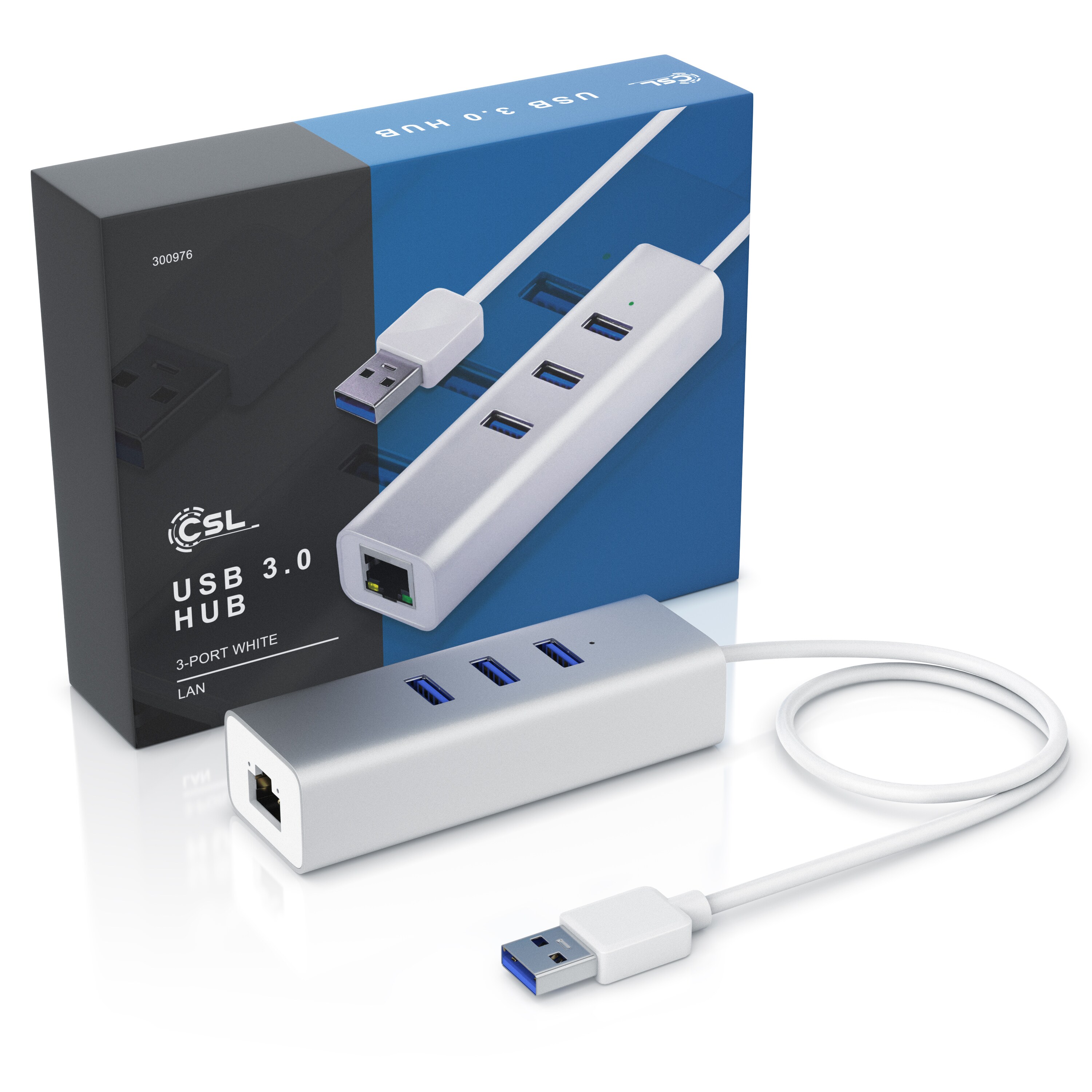 CSL 3-Port USB 3.1 Gen1 Verteiler inkl. Netzwerkadapter mit RJ45 Buchse / Aluminium Gehäuse