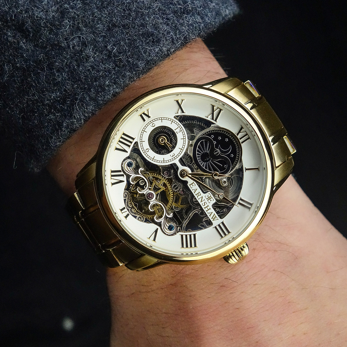 Montre EARNSHAW Longitude homme automatique acier noir bracelet cuir marron