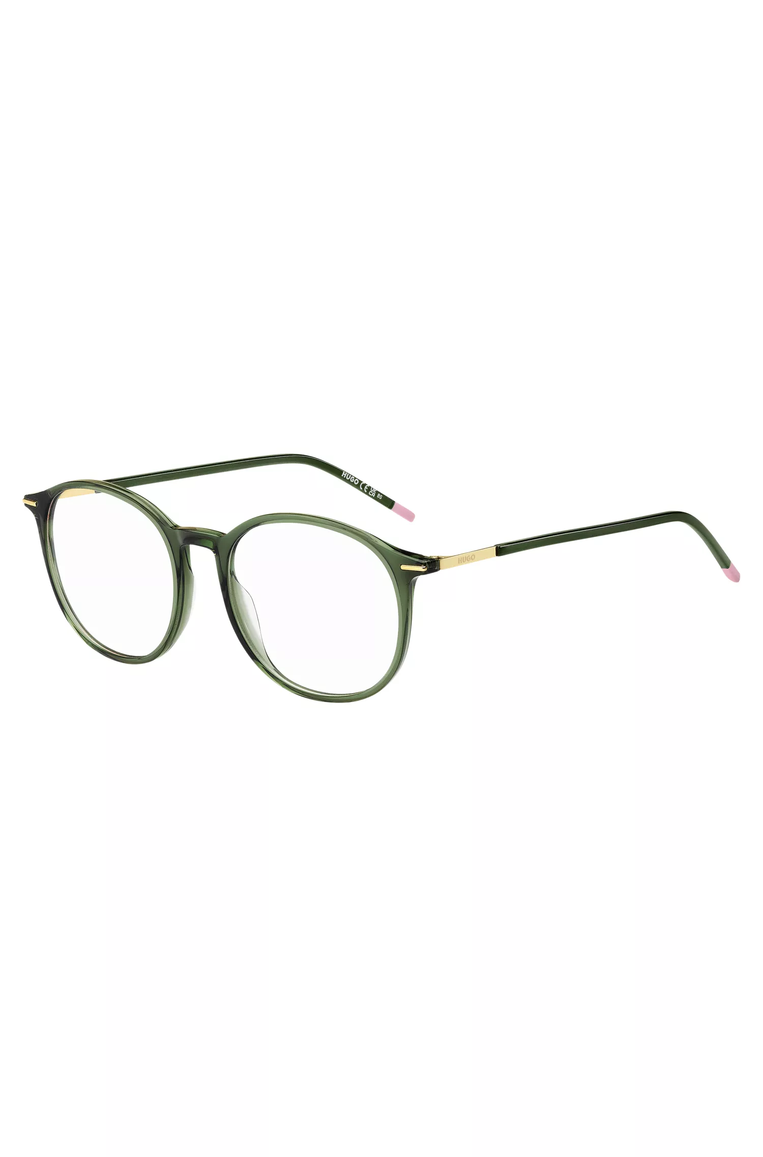 Armação de óculos HUGO em acetato vermelho e verde com detalhes em tom dourado.