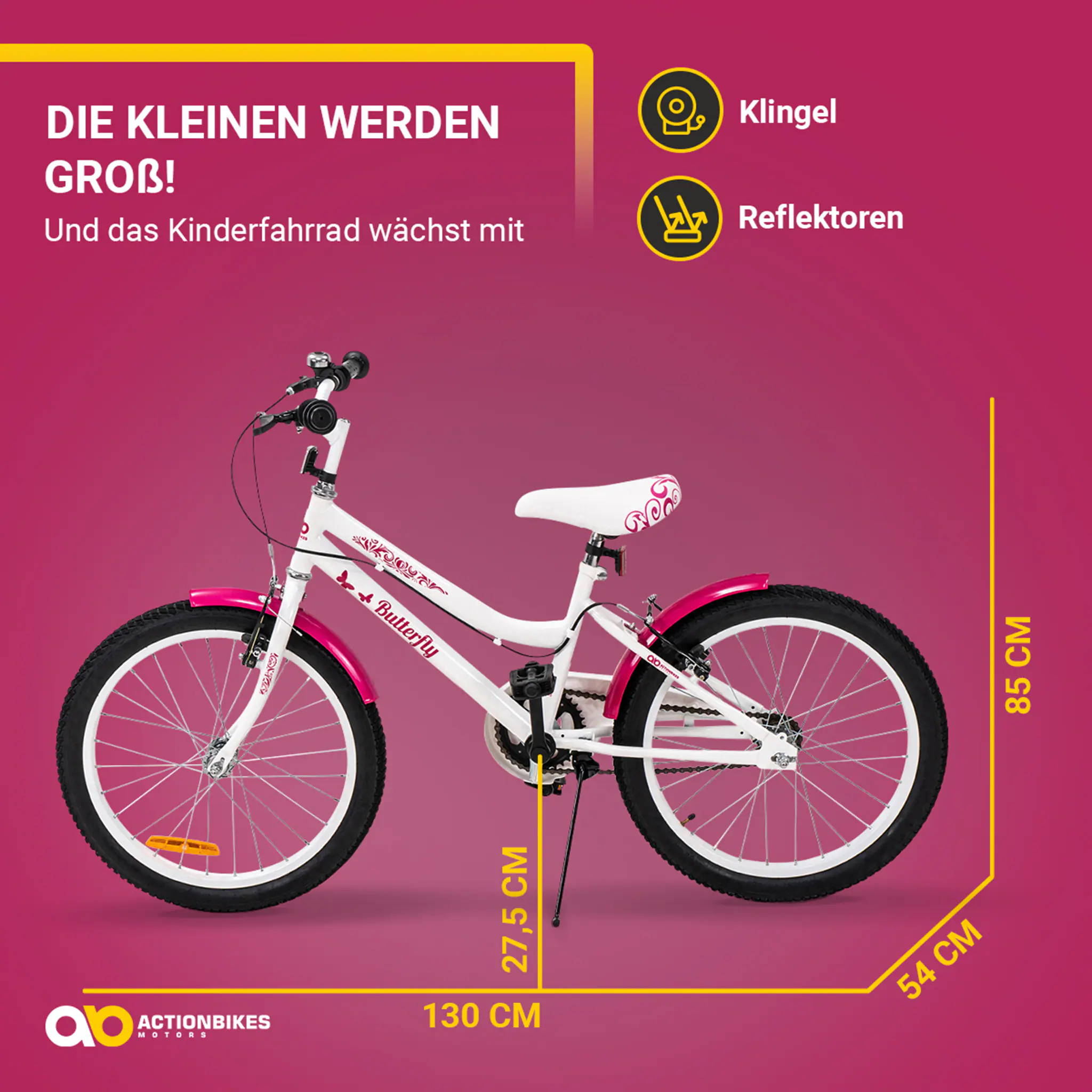 Actionbikes Kinderfahrrad Butterfly 20 Zoll, Pink, Fahrradständer, Kettenschutz, Antirutschgriffe (Weiß/Pink)