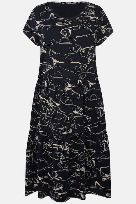 Jerseykleid, A-Line, Fische-Print, Rundhals, Volants, Halbarm