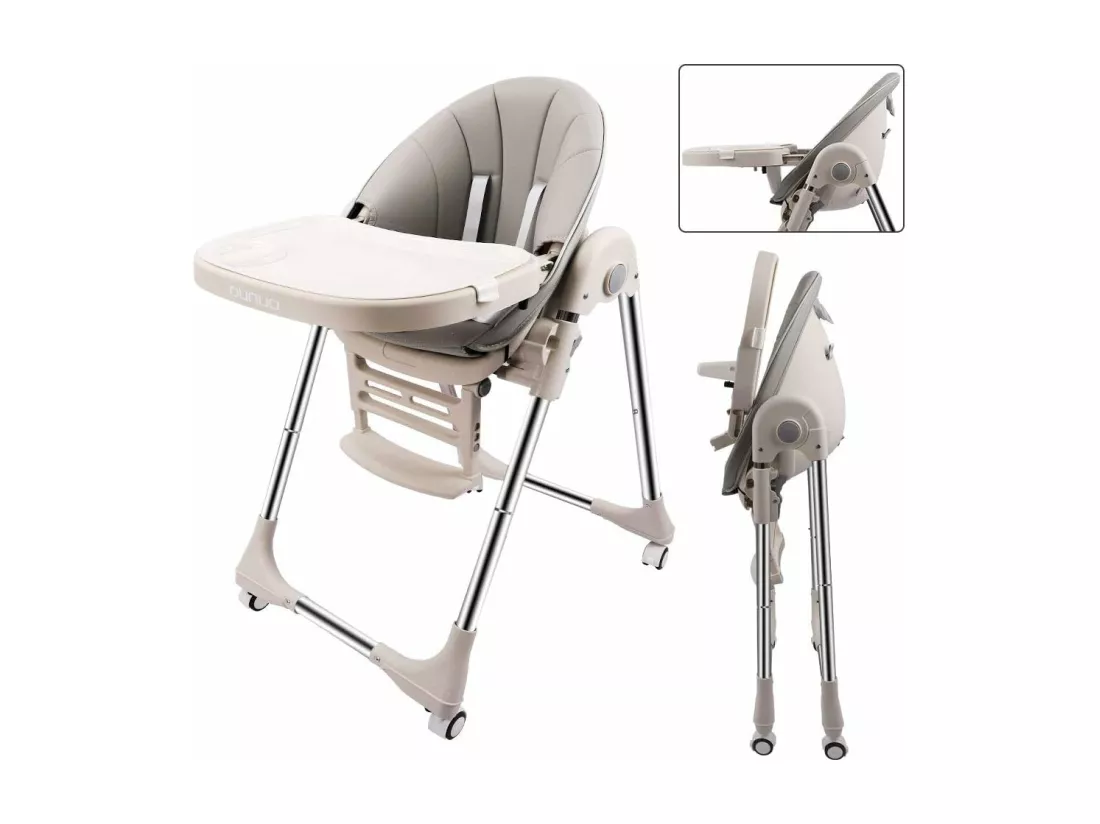 Chaise Haute Bébé Pliable Evolutive, Chaise Haute Enfant Réglable, Nettoyage facile, Avec Roulettes, Gris