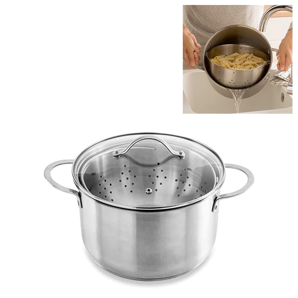 Faitout inox 24 cm avec panier passoire rotatif et couvercle en verre