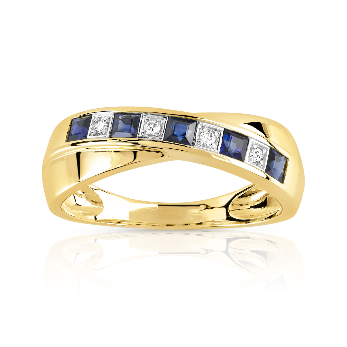Bague or 750 2 tons anneaux croisés saphirs carrés et diamants