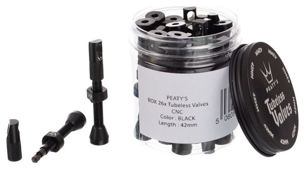 Boîte de 26 Valves Tubeless Peaty's X Chris King 42 mm avec Bouchons Démonte-Obus Noir