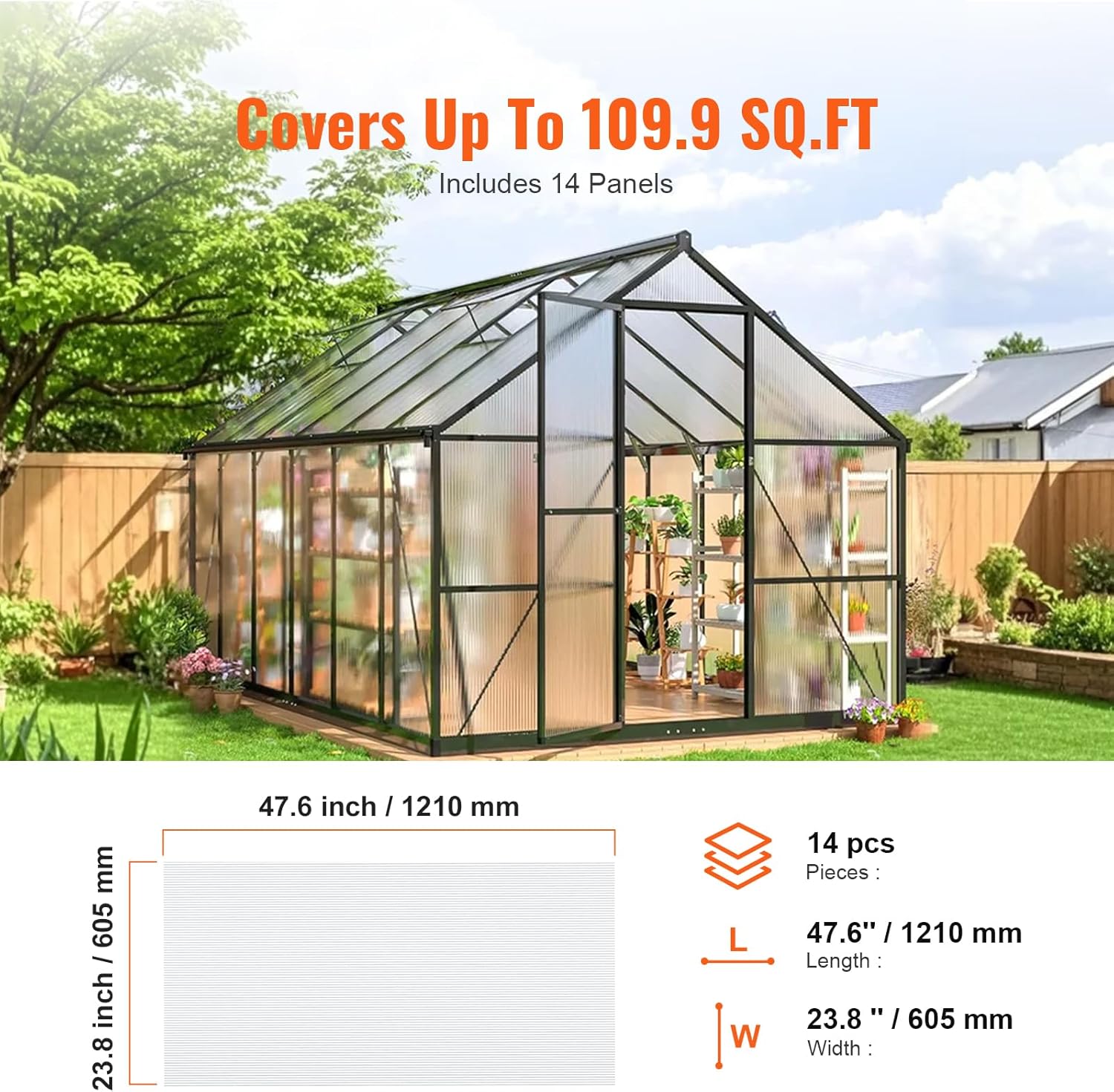 VEVOR 14er-Set Gewächshausplatten aus Polycarbonat, 1210 x 605 x 8 mm Stegplatten, wasserdichte UV-geschützte gewellte Hohlkammerplatten, schlagfeste, transparente Dachplatten für Gewächshaus/Garten