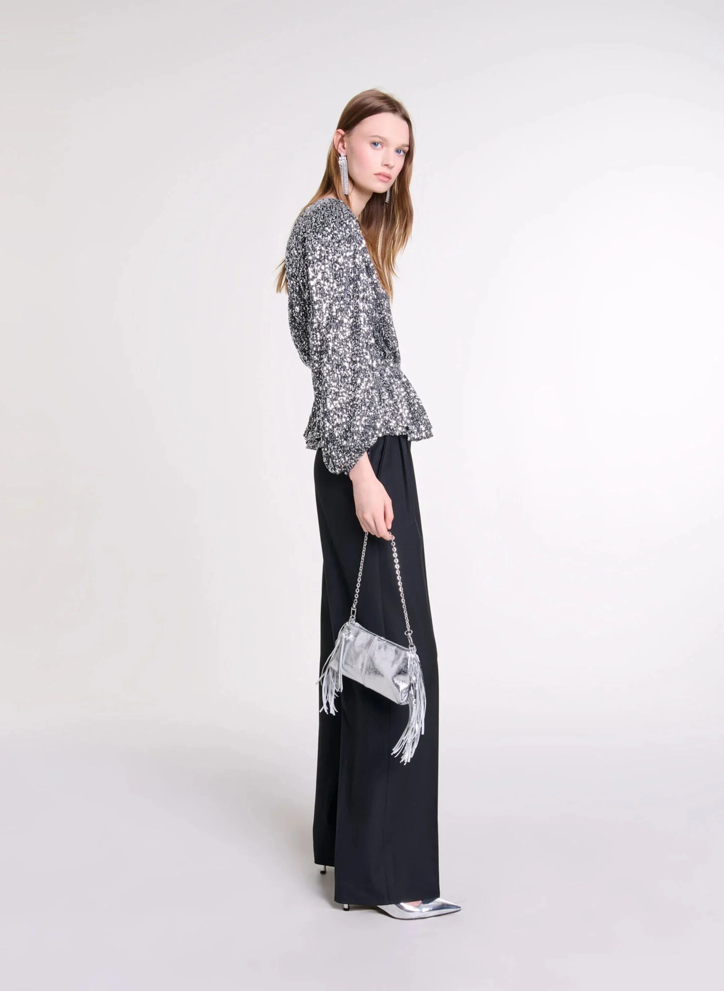 Top décolleté V à sequins | Argent