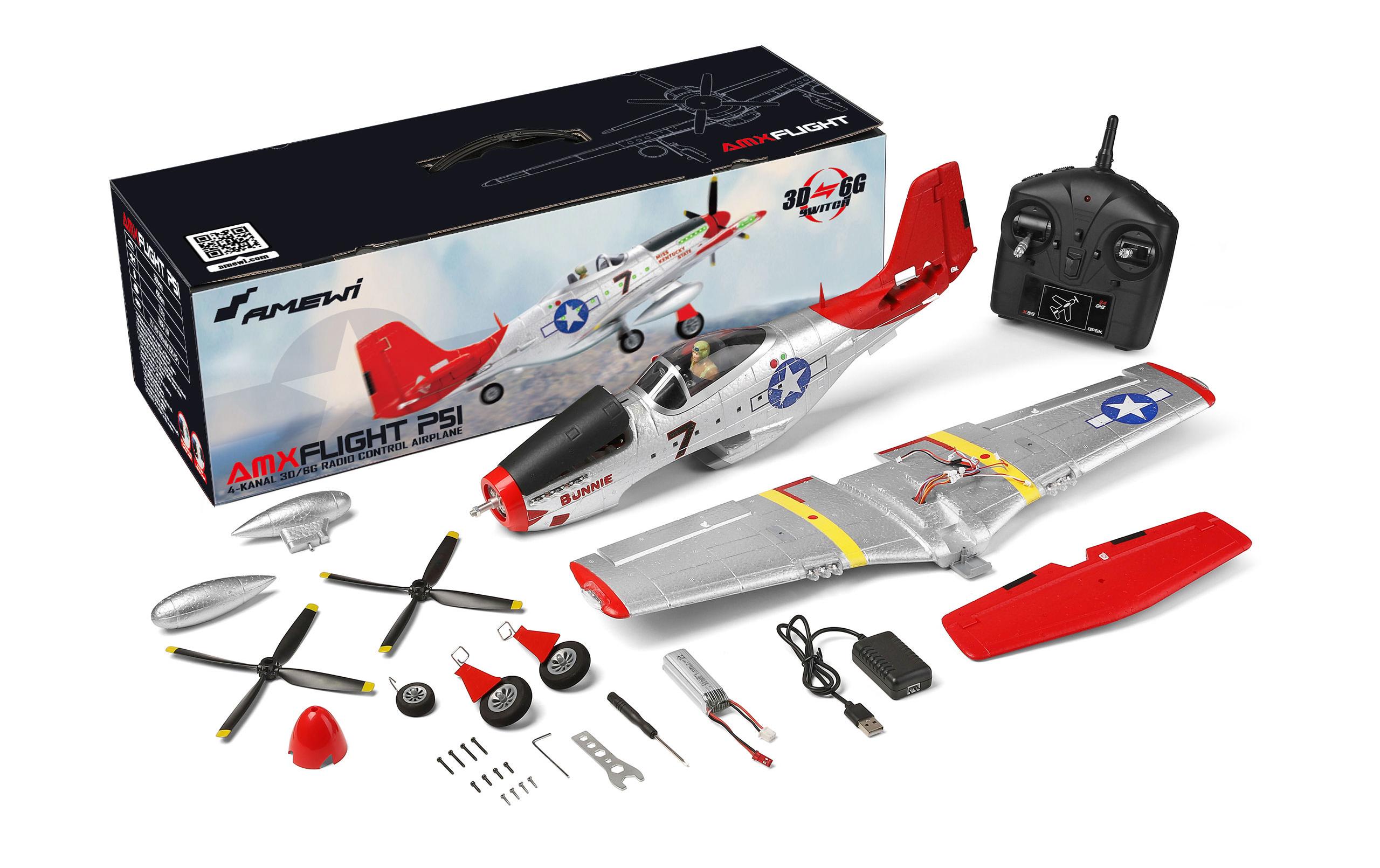 Warbird AMXflight P51 560 mm 4-Kanal, Gyro, RTF<br>Kleines P51 Mustang 2. Weltkrieg Jagdflugzeug mit 3D/6G Gyro