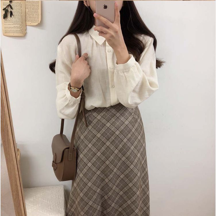 Bakli - Trui met vest / geruite midi-A-lijn rok / blouse